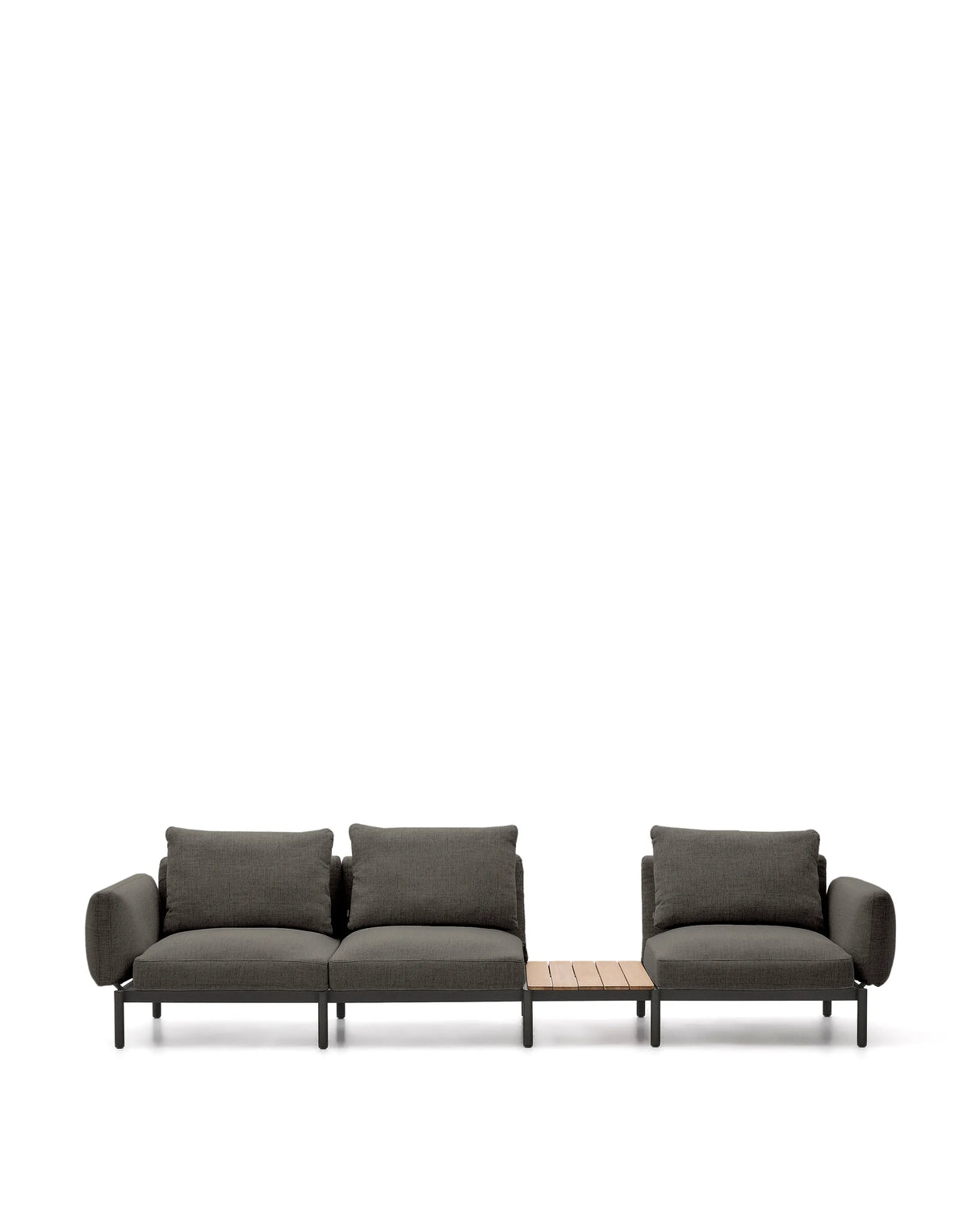 Modulares Outdoor-Sofa Sorells mit 3 Sitzplätzen mit grauer Polsterung und grauem Aluminium, mit Tisch aus Teakholz, 341 x 113 cm, FSC 100 % von Kave Home – Produktbild 8