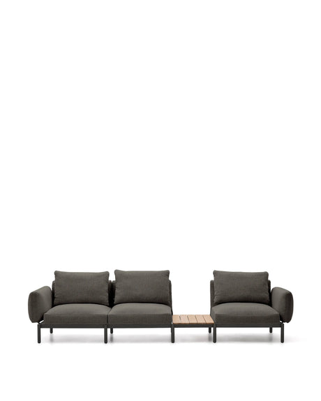 Modulares Outdoor-Sofa Sorells mit 3 Sitzplätzen mit grauer Polsterung und grauem Aluminium, mit Tisch aus Teakholz, 341 x 113 cm, FSC 100 % von Kave Home – Produktbild 8