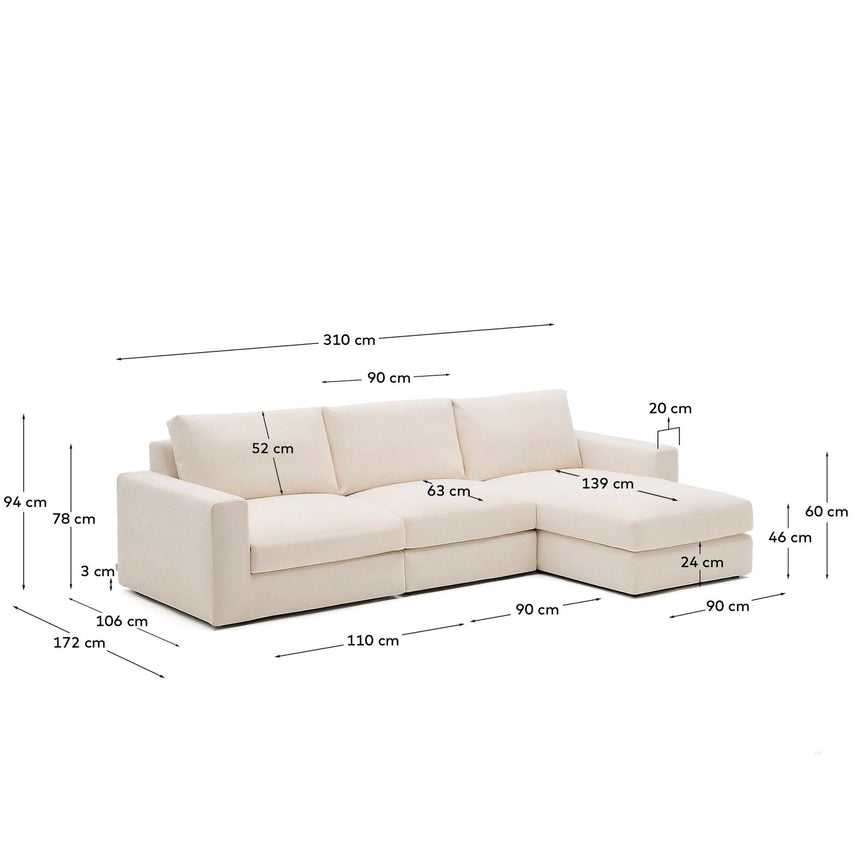Modulares Sofa Alea für 4 Personen mit abnehmbarem Bezug aus Chenille mit Chaiselongue rechts in Beige, 310 cm von Kave Home – Bild 3