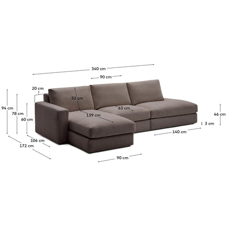 Modulares Sofa Alea für 5 Personen mit abnehmbarem Bezug aus dunkelbrauner Chenille und Chaiselongue links, 340 cm von Kave Home – Produktbild 3