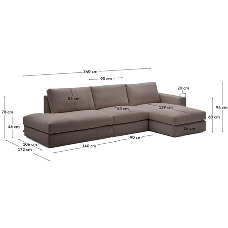 Modulares Sofa Alea für 5 Personen mit abnehmbarem Bezug aus dunkelbrauner Chenille und Chaiselongue rechts, 340 cm von Kave Home – Produktbild 3