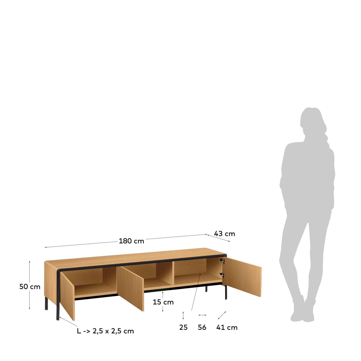 Nadyria TV-Schrank 3 Türen Eichenfurnier und Stahl mit schwarzem Finish 180 x 50 cm von Kave Home – Produktbild 4