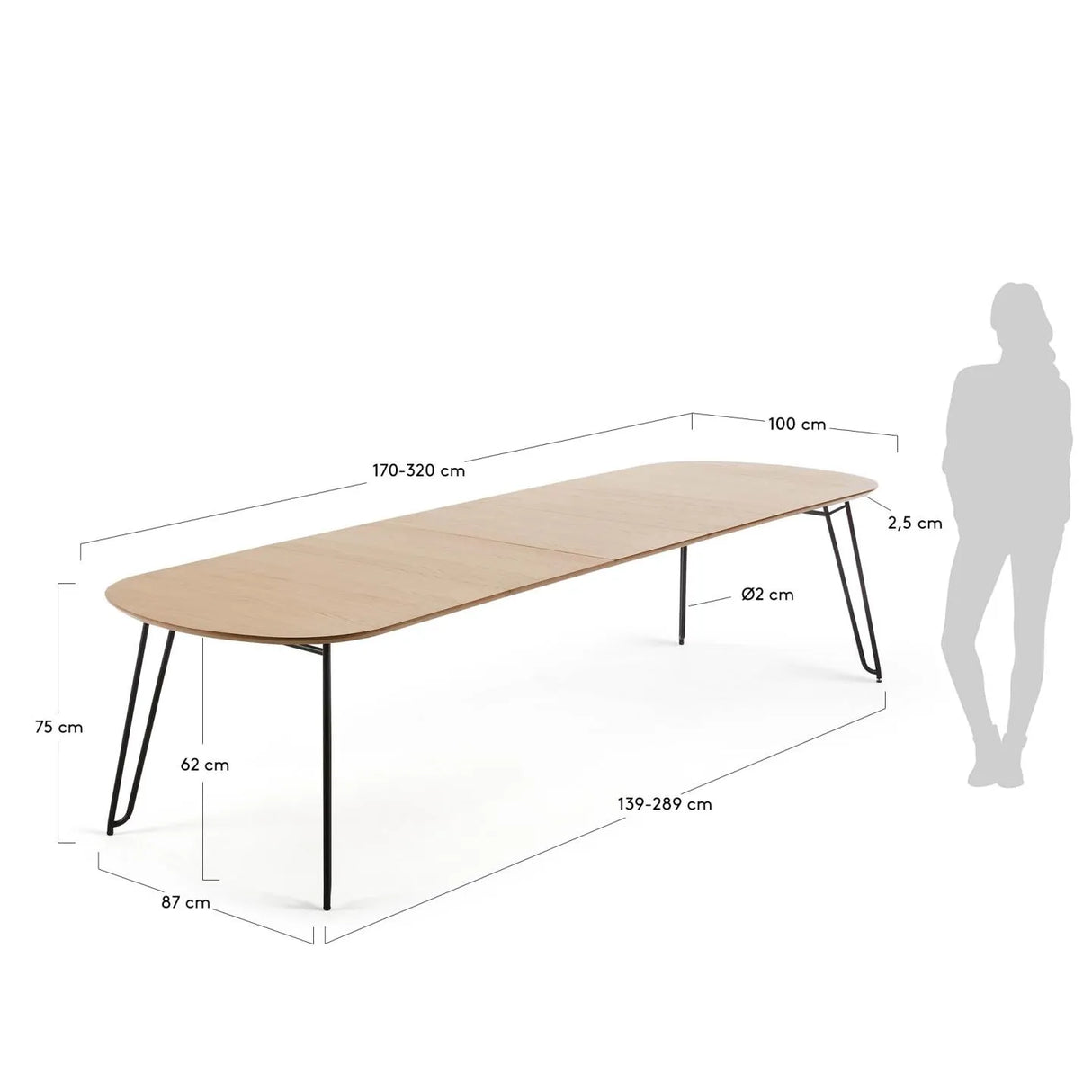 Novac ausziehbarer Tisch 170 (320) x 100 cm mit Eichenfurnier und schwarzen Stahlbeinen von Kave Home – Produktbild 3