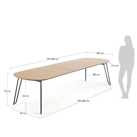 Novac ausziehbarer Tisch 170 (320) x 100 cm mit Eichenfurnier und schwarzen Stahlbeinen von Kave Home – Produktbild 3