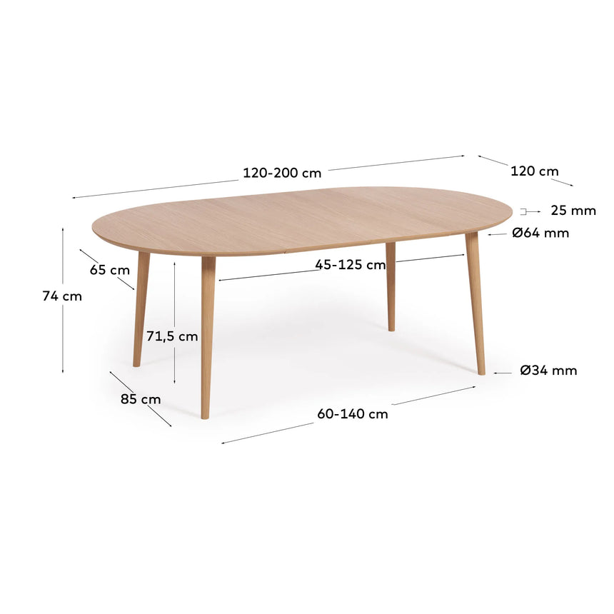 Oqui runder Ausziehtisch in Eichenfurnier und Beine aus Massivholz Ø 120 (200) x 120 cm von Kave Home – Produktbild 6