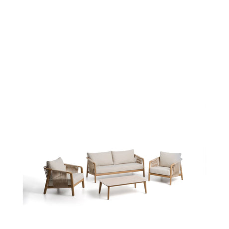 Outdoor-Set Sirte mit 3-Sitzer-Sofa, 2 Sesseln und Tisch aus Aluminium in Holzoptik und écrufarbenen Kissen von Kave Home – Bild 1