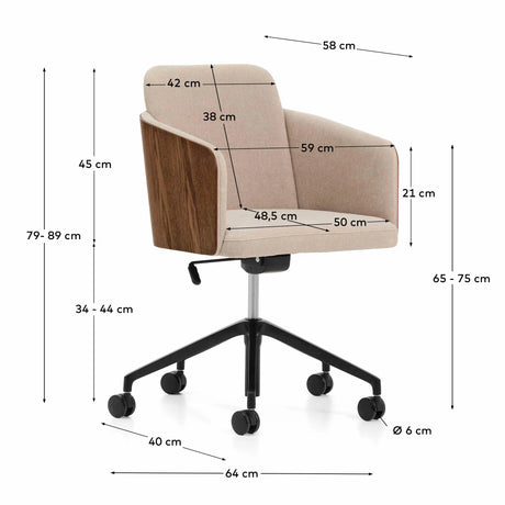 Schreibtischstuhl Madai aus brauner Chenille und Eschenfurnier in Nussbaum-Optik, FSC Mix Credit von Kave Home – Produktbild 4
