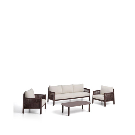 Set Aleria, bestehend aus einem 3-Sitzer-Sofa, zwei Sesseln sowie einem Couchtisch aus Aluminium und braunem Synthetikseil von Kave Home – Bild 1