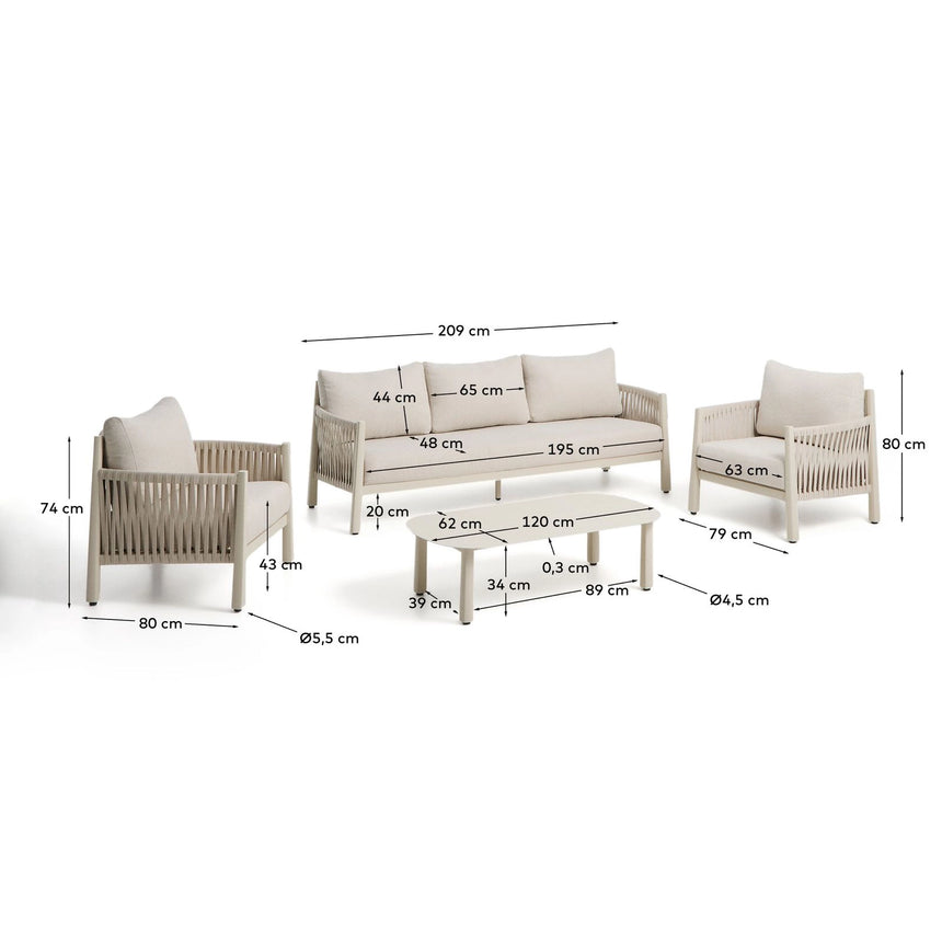 Set Aleria mit 3-Sitzer-Sofa, 2 Sesseln und Couchtisch aus Aluminium und synthetischem Seil in Ecru von Kave Home – Bild 4