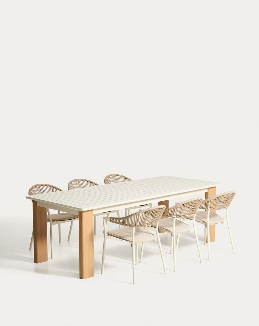 Set Ausziehtisch Livorno aus Aluminium in Ecru, Beine in Holzoptik, 6 Stühle Alimia aus Aluminium in Ecru und Synthetikseil Beige, 233 (350) x 100 cm von Kave Home – Bild 1