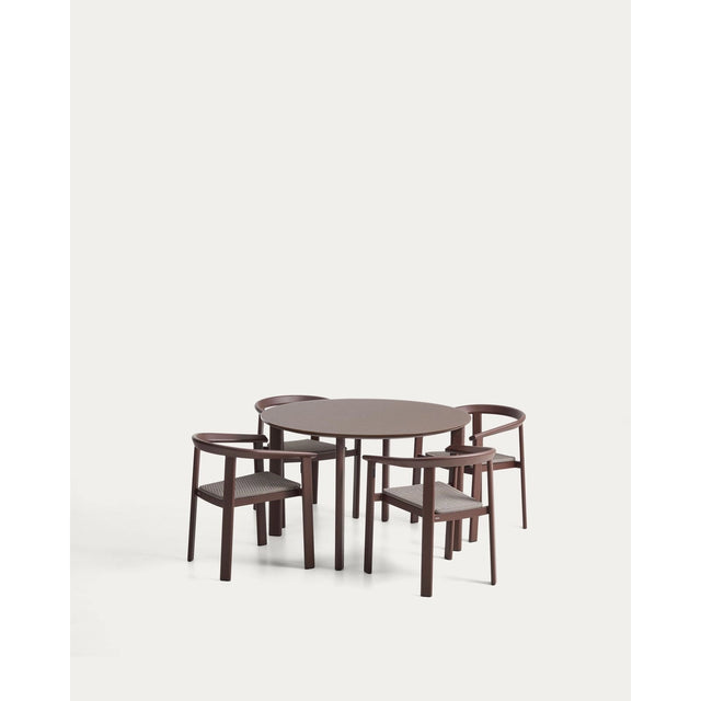 Set Erice mit 4 Stapelstühlen aus Aluminium und Seil und einem Tisch aus Aluminium und gehärtetem Glas in Braun, Ø 120 cm von Kave Home – Bild 1