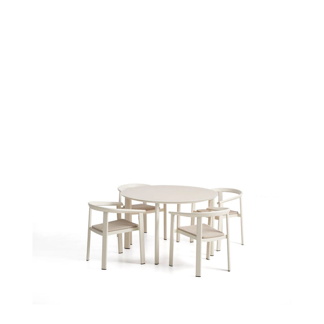 Set Erice mit 4 Stapelstühlen aus Aluminium und Seil und einem Tisch aus Aluminium und gehärtetem Glas in Ecru, Ø 120 cm von Kave Home – Bild 1