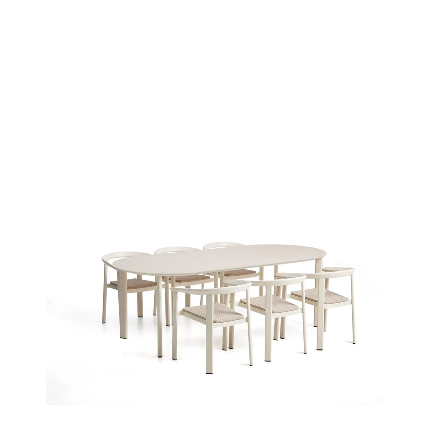 Set Erice mit 6 Stapelstühlen aus Aluminium und Seil und einem Tisch aus Aluminium und gehärtetem Glas in Ecru, 230 x 100 cm von Kave Home – Bild 1