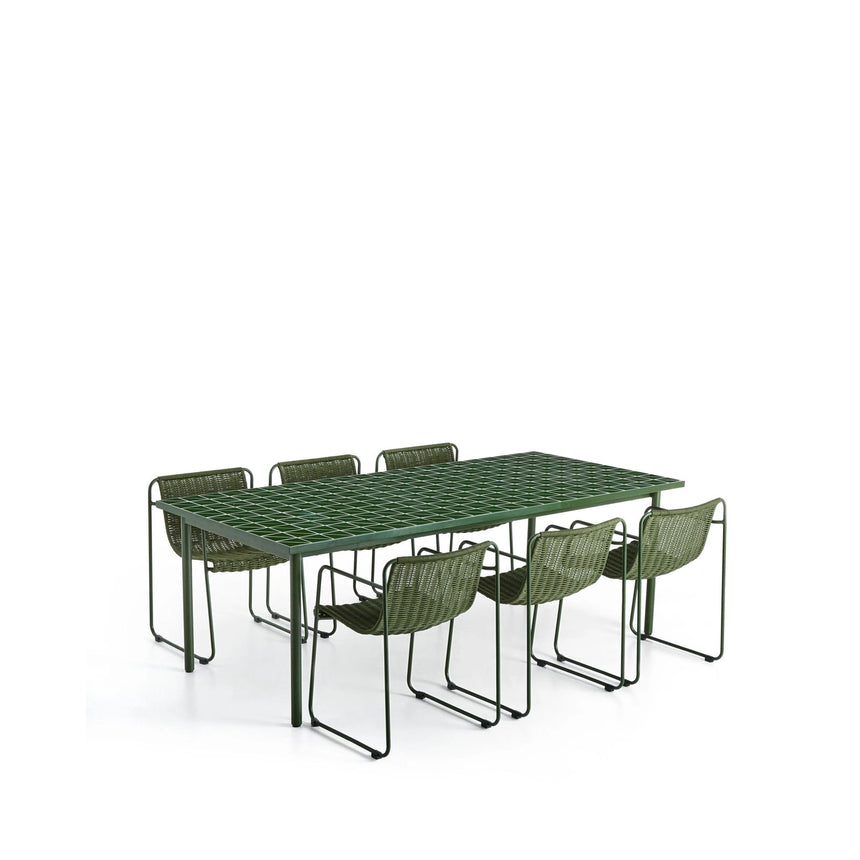 Set Maurina mit Tisch aus verzinktem Stahl und grünen Kacheln sowie 6 Stapelstühlen aus verzinktem Stahl und grünem Seil, 223 x 101 cm von Kave Home – Bild 1