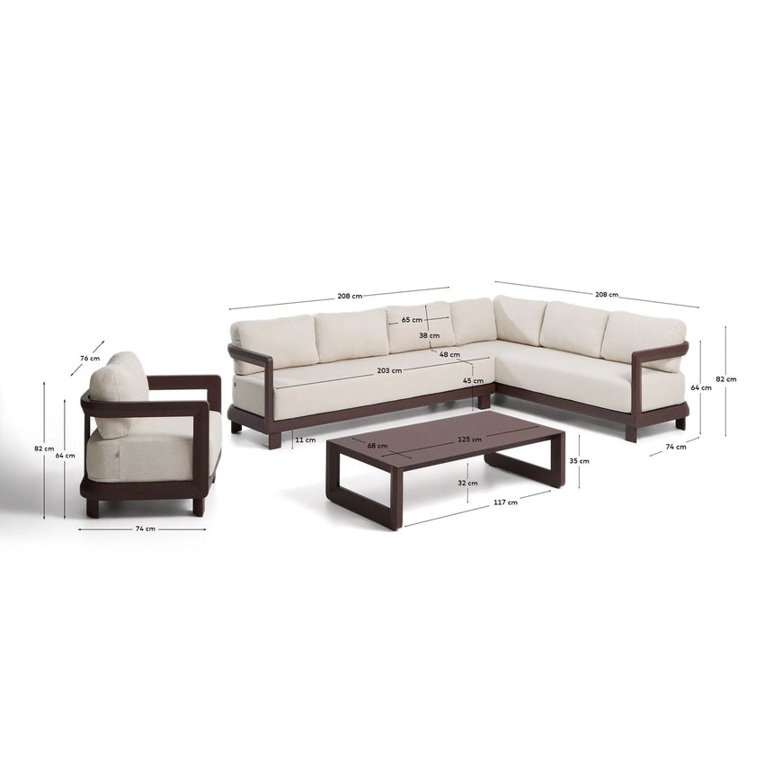 Set Nerano mit 5-Sitzer-Ecksofa, Sessel und Couchtisch aus gehärtetem Glas und Aluminium von Kave Home – Bild 5