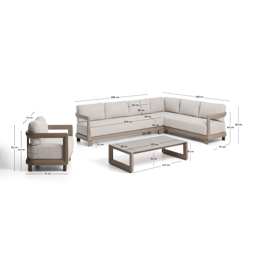 Set Nerano mit 5-Sitzer-Ecksofa, Sessel und Couchtisch aus gehärtetem Glas und Aluminium in Taupe von Kave Home – Bild 3