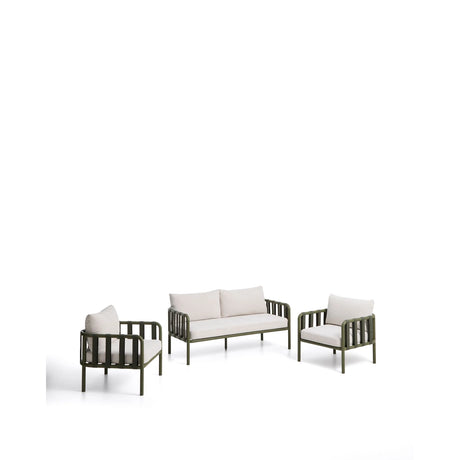 Set Omala aus einem 2-Sitzer-Sofa und 2 Sesseln mit Aluminiumgestell in Grün von Kave Home – Bild 1