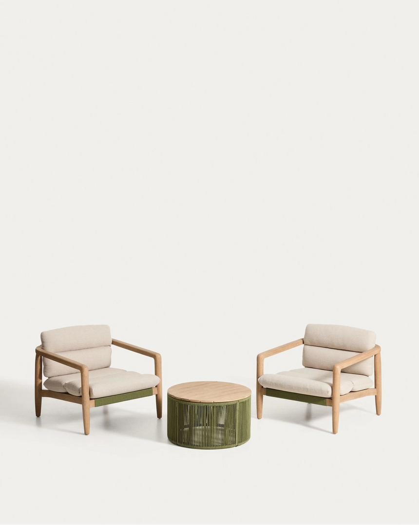 Set mit 2 Sesseln Menfi aus Akazienholz und grünem Seil und Couchtisch Dandara aus Stahl, Seil und Akazienholz FSC 100 % Ø60 cm von Kave Home – Bild 1