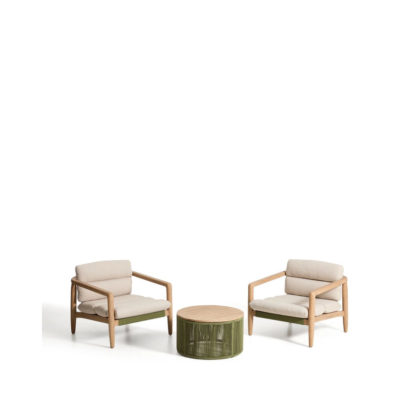 Set mit 2 Sesseln Menfi aus Akazienholz und grünem Seil und Couchtisch Dandara aus Stahl, Seil und Akazienholz FSC 100 % Ø60 cm von Kave Home – Bild 2