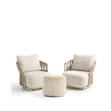 Set mit 2 Sesseln Osani aus ecrufarbenem Aluminium und taupefarbenem Seil und Beistelltisch Drasi aus Zement in Travertinoptik Ø 60 cm von Kave Home – Bild 1