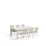 Set mit Ausziehtisch Brela aus Aluminium in Ecru und 6 stapelbaren Stühlen Canea aus Aluminium in Ecru und beigem Texteline 205(287)x100 cm von Kave Home – Bild 1
