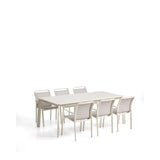 Set mit Ausziehtisch Brela aus ecrufarbenem Aluminium und 6 Stühlen Luri aus ecrufarbenem Aluminium und beigem Texteline 205 (287) x 100 cm von Kave Home – Bild 1