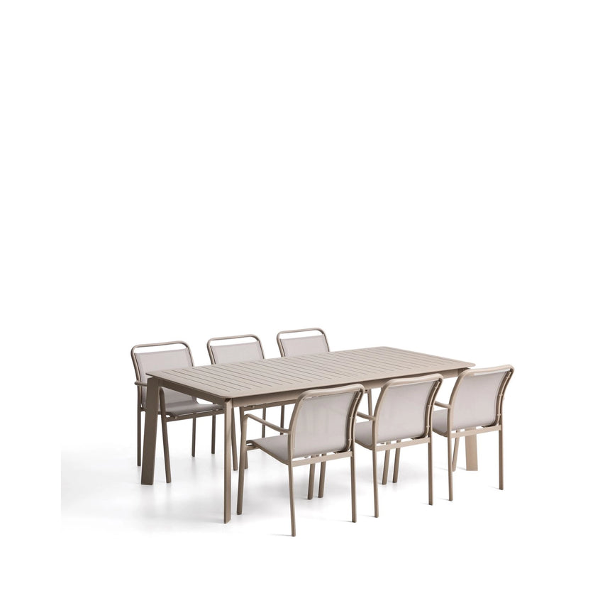 Set mit Ausziehtisch Brela und 6 Stühlen Luri aus Aluminium und beigem Texteline 205 (287) x 100 cm von Kave Home – Bild 1