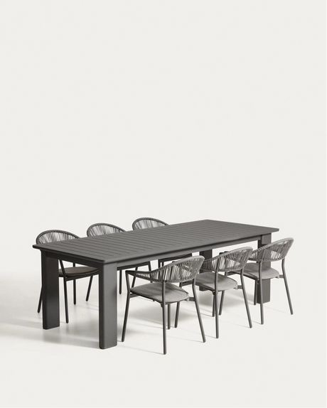 Set mit Ausziehtisch Livorno aus Aluminium in Graphit und 6 Stühlen Alimia aus Aluminium in Graphit und Synthetikseil in Grau, 233 (350) x 100 cm von Kave Home – Bild 1