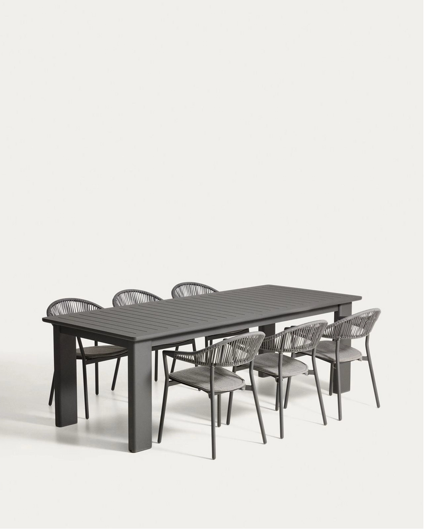 Set mit Ausziehtisch Livorno aus Aluminium in Graphit und 6 Stühlen Alimia aus Aluminium in Graphit und Synthetikseil in Grau, 233 (350) x 100 cm von Kave Home – Bild 1