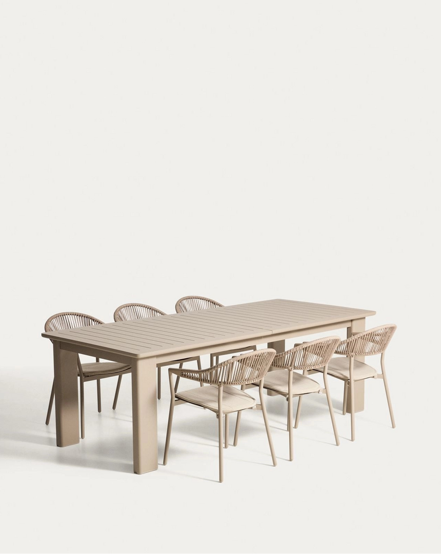 Set mit Ausziehtisch Livorno aus Aluminium in Taupe und 6 Stühlen Alimia aus Aluminium in Taupe und Synthetikseil in Braun, 233 (350) x 100 cm von Kave Home – Bild 1