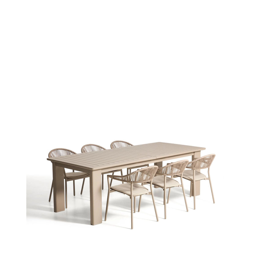 Set mit Ausziehtisch Livorno aus Aluminium in Taupe und 6 Stühlen Alimia aus Aluminium in Taupe und Synthetikseil in Braun, 233 (350) x 100 cm von Kave Home – Bild 2