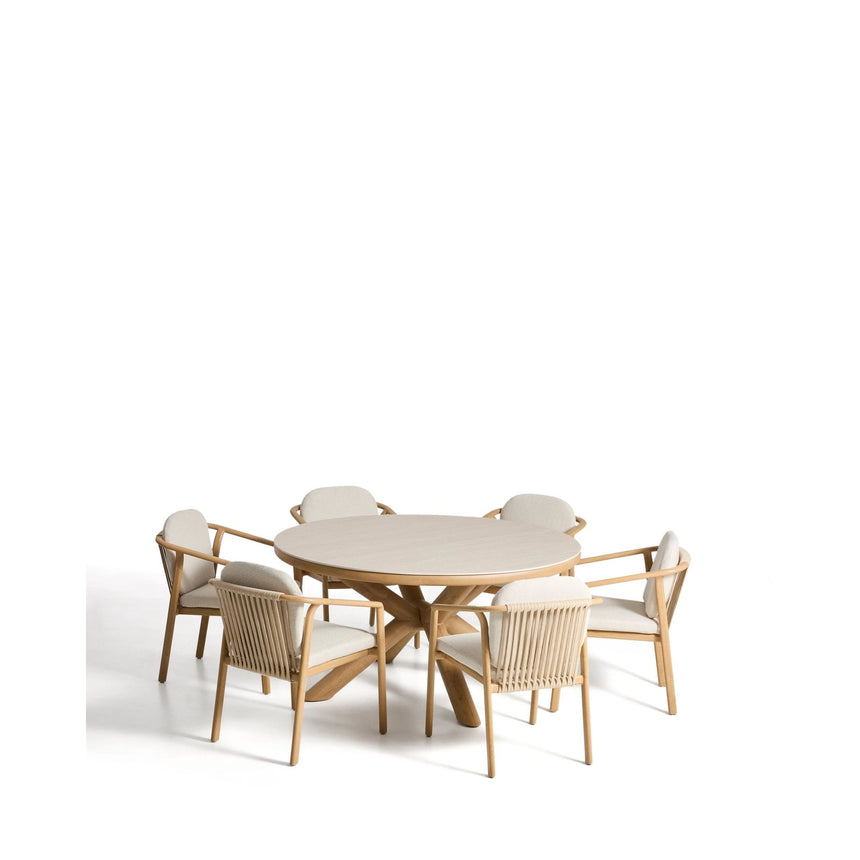 Set mit Tisch Mirtia aus Aluminium Holzoptik und gesintertem Stein Ecru und 6 Stühlen Sirte aus Aluminium Holzoptik und Seil Ecru, Ø 148 cm von Kave Home – Bild 1