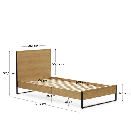 Taiana Bett aus Eichenfurnier und Stahlbeinen mit schwarzem Finish 90 x 190 cm von Kave Home – Produktbild 4