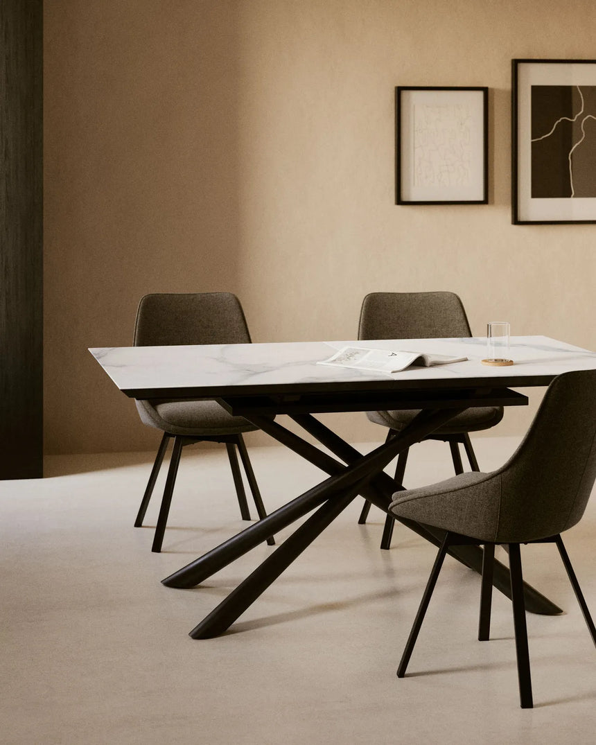 Theone ausziehbarer Tisch Feinsteinzeugplatte weiß schwarze Stahlbeine 160 (210) x 90 cm von Kave Home – Bild 2