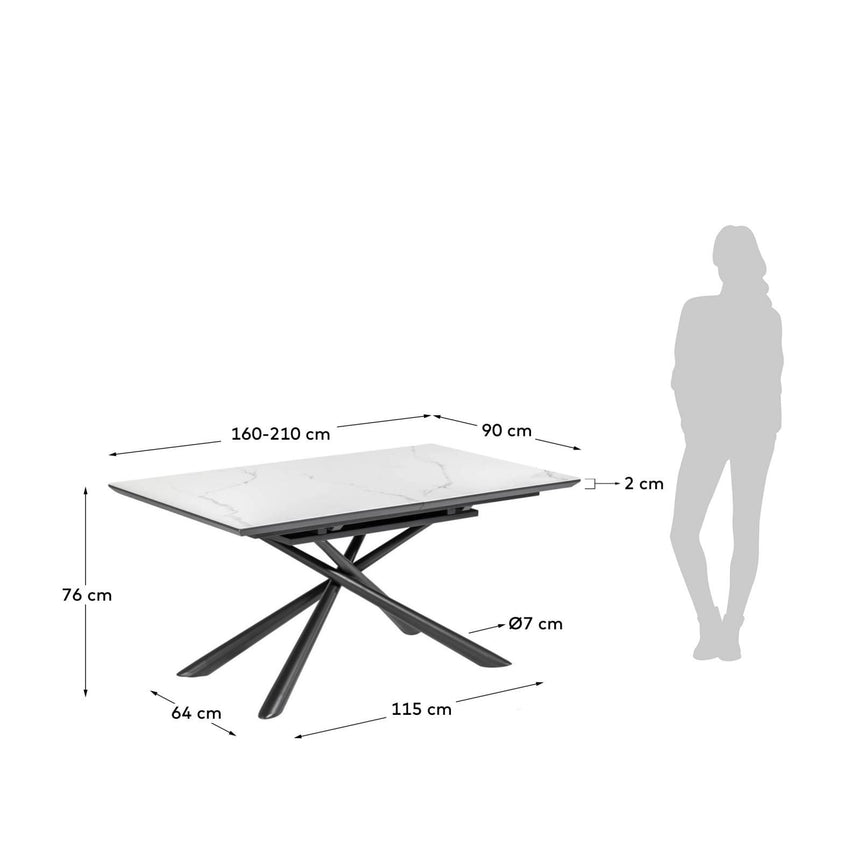 Theone ausziehbarer Tisch Feinsteinzeugplatte weiß schwarze Stahlbeine 160 (210) x 90 cm von Kave Home – Bild 4