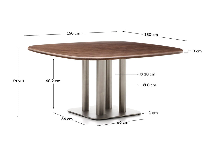 Tisch Melvar aus Nussbaumfurnier FSC 100 % und Beine mit gebürsteter Edelstahlbasis 150 x 150 cm von Kave Home – Produktbild 3