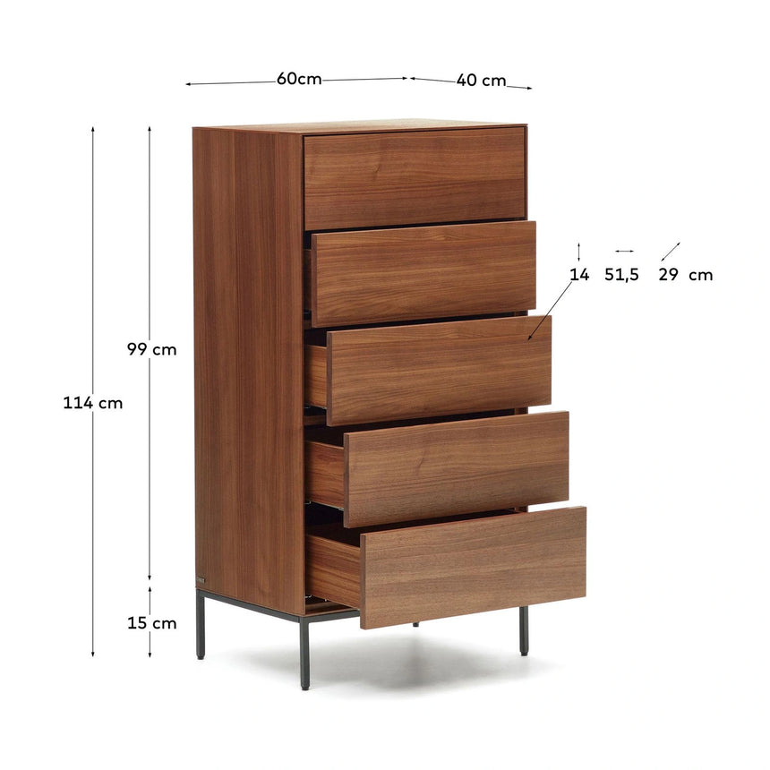 Vedrana Kommode 5 Schubladen aus Nussholzfurnier oder Holz und Stahlbeinen 60 x 114 cm von Kave Home – Bild 3