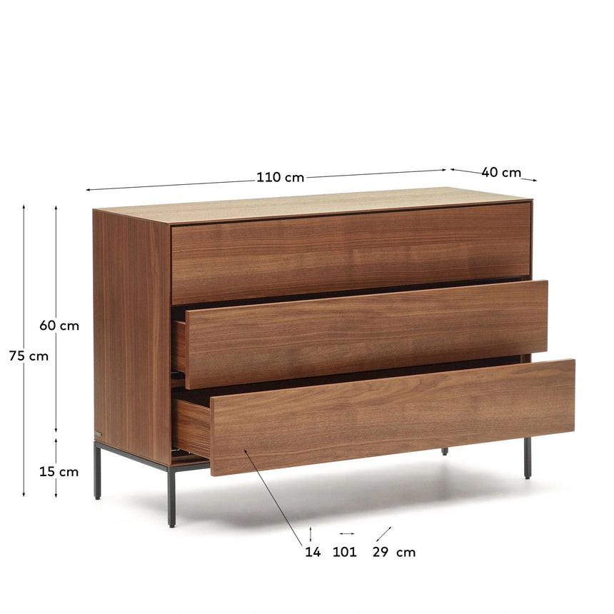 Vedrana Kommode aus 3 Schubladen aus Nussholzfurnier oder Holz und Stahlbeinen 110 x 75 cm von Kave Home – Bild 3