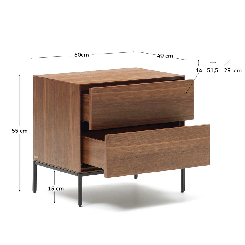 Vedrana Nachttisch 2 Schubladen aus Nussholzfurnier und Stahlbeinen in Schwarz 60 x 55 cm von Kave Home – Produktbild 5