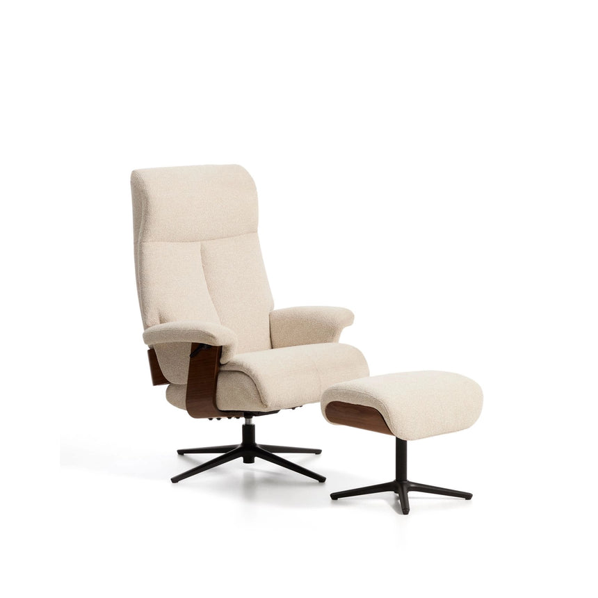 Verstellbarer Drehsessel Toriel mit Fußablage in beigem Microbouclé und mit Beinen aus Aluminium mit schwarzem Finish, FSC Mix Credit von Kave Home – Bild 1