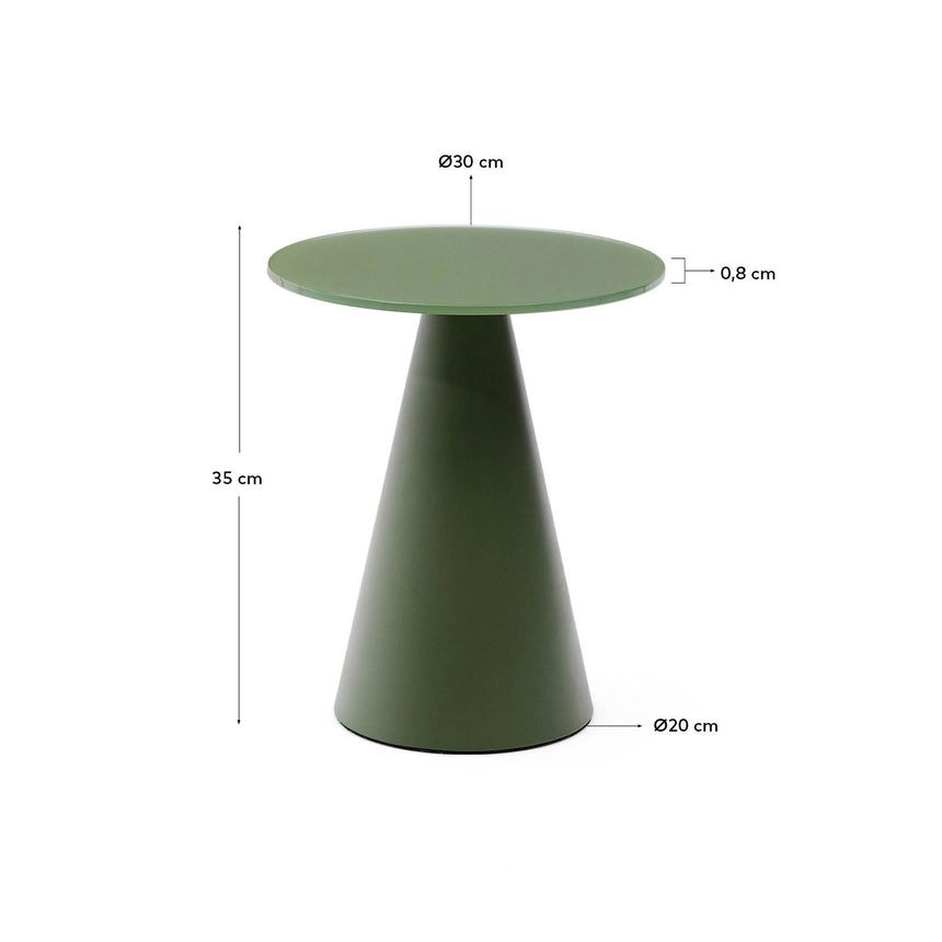 Wilshire Beistelltisch aus glasiertem gehärteten Glas und Stahl matt grün lackiert Ø30 cm von Kave Home – Bild 4