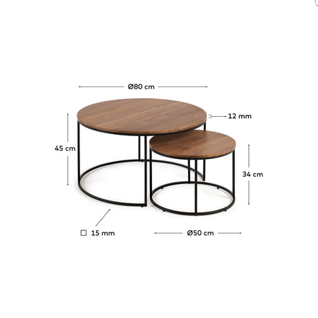 Yoana Set 2 Satzbeistelltische Nussholzfurnier und Metall schwarz lackiert Ø 80 cm/Ø 50 cm von Kave Home – Produktbild 3