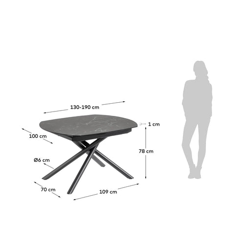 Yodalia ausziehbarer Tisch 130 (190) x 100 cm Feinsteinzeugplatte und schwarze Stahlbeine von Kave Home – Produktbild 4