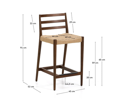 Analy Barhocker mit Rückenlehne aus massivem Eichenholz mit Nussbaum-Finish und Sitzfläche aus Seil, 65 cm, FSC 100% – Bild 3