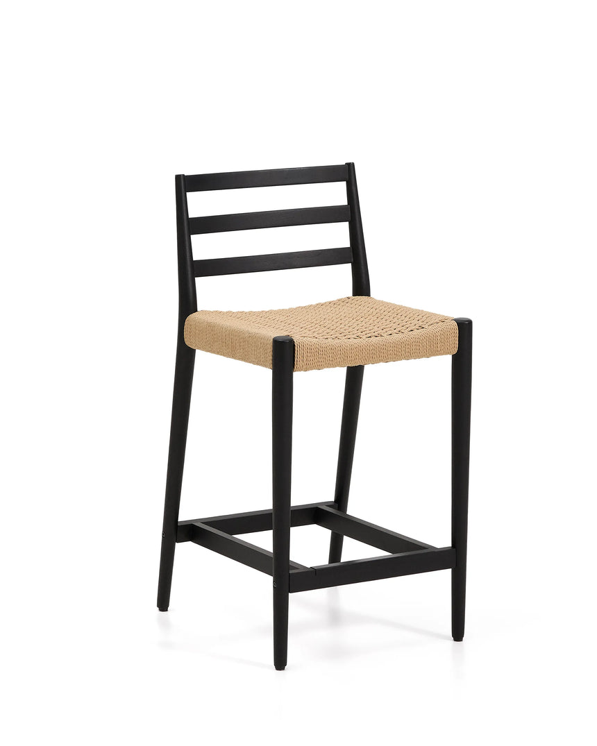 Analy Barhocker Rückenlehne massives Eichenholz mit schwarzem Finish und Sitzfläche aus Seil 65 cm FSC 100% – Bild 1