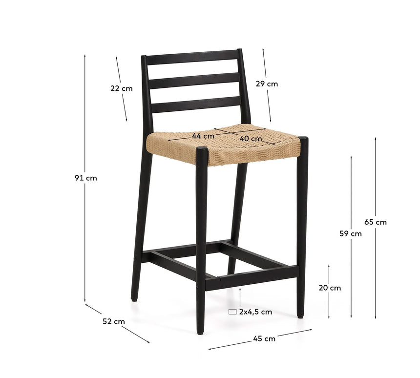 Analy Barhocker Rückenlehne massives Eichenholz mit schwarzem Finish und Sitzfläche aus Seil 65 cm FSC 100% – Bild 3