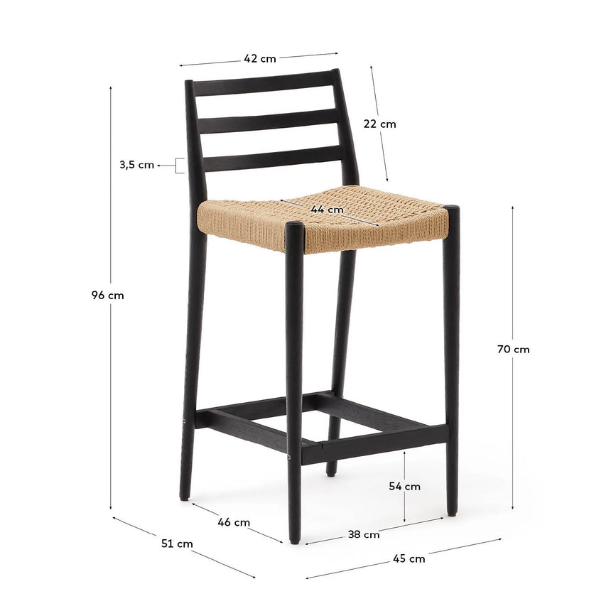 Analy Barhocker Rückenlehne massives Eichenholz mit schwarzem Finishund Seilsitzfläche 70 cm FSC 100% – Bild 5