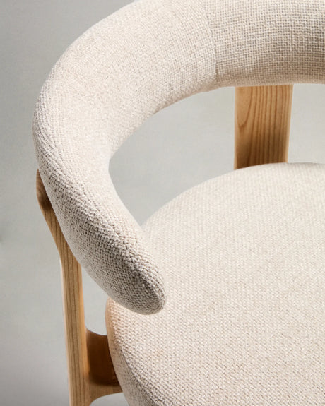 Hocker Granite aus beigefarbener Chenille und massivem Eschenholz mit naturfarbenem Finish, FSC 100%, 75 cm – Bild 9
