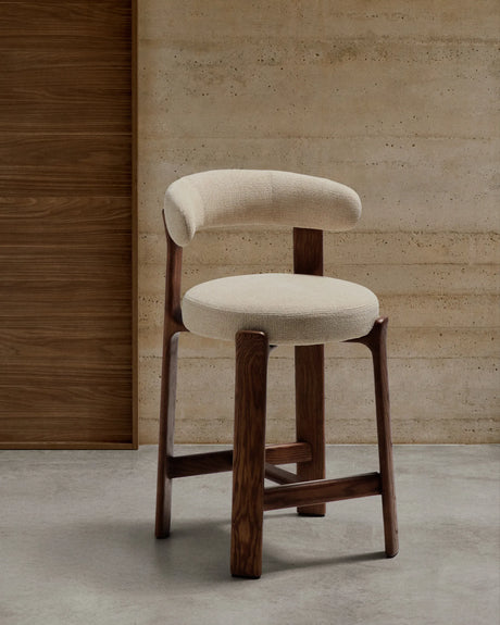Hocker Granite aus beigefarbener Chenille und massivem Eschenholz mit walnussholzfarbenem Finish, FSC 100%, 65 cm – Bild 2