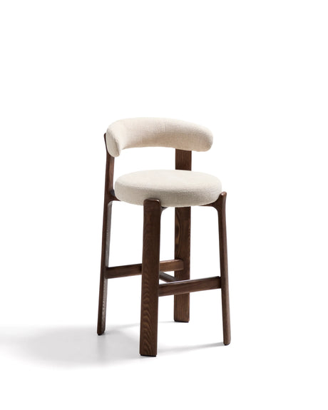 Hocker Granite aus beigefarbener Chenille und massivem Eschenholz mit walnussholzfarbenem Finish, FSC 100%, 75 cm – Bild 1
